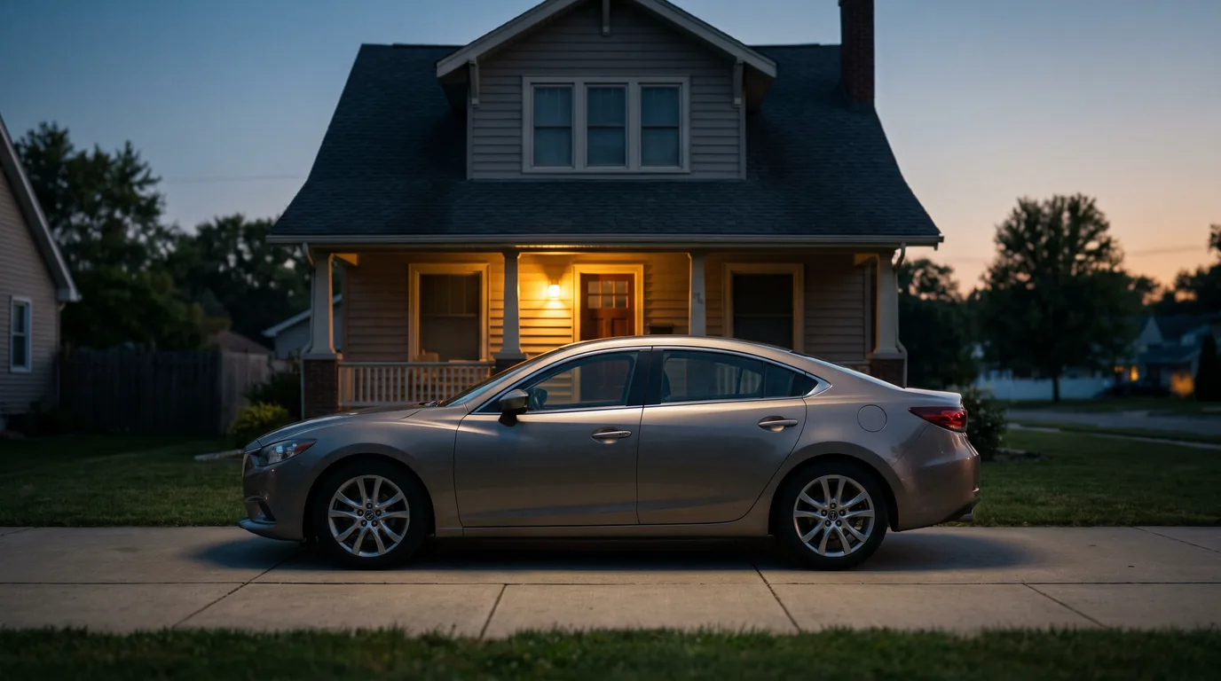 A newly bought car on a suburban driveway at dusk while an Illinois divorce is still pending