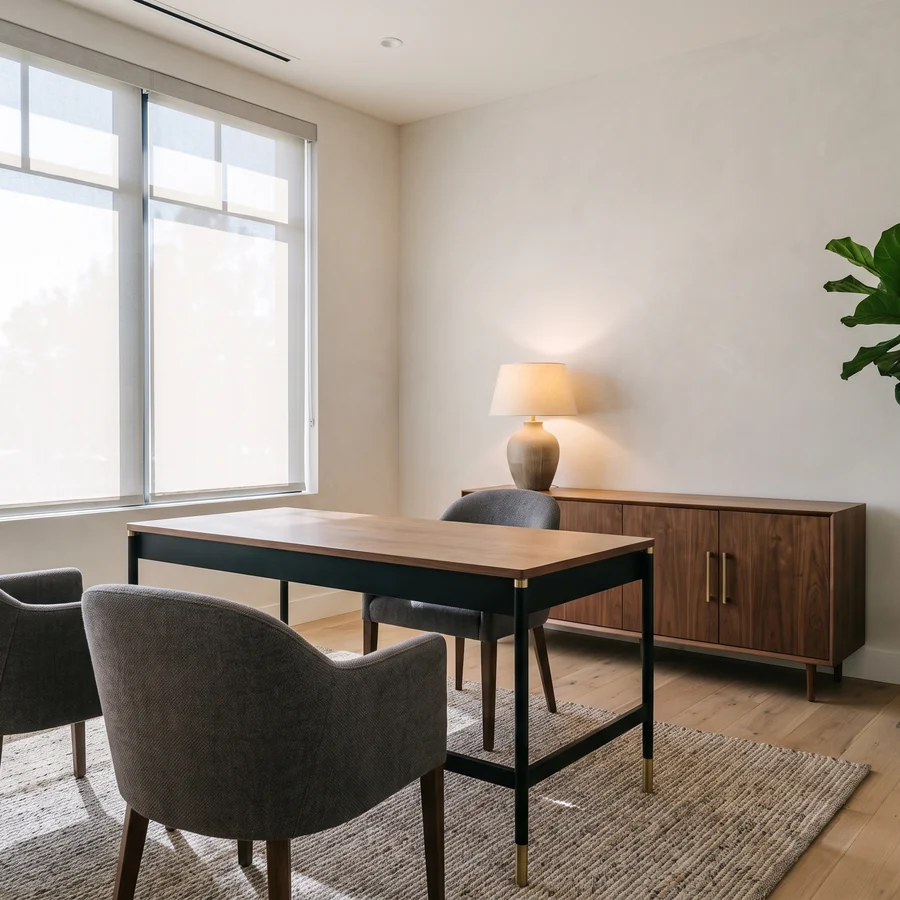 A contemporary law office with a walnut desk, client chairs and a large window