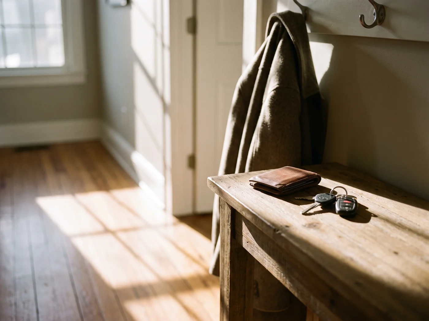 Car keys and a wallet on a hallway table in hard morning light