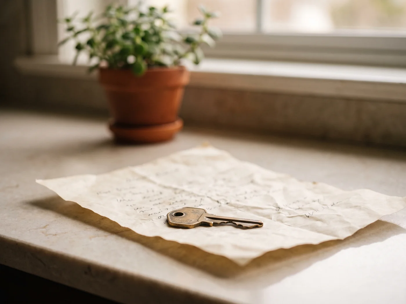 A front door key resting on a folded document on a kitchen counter