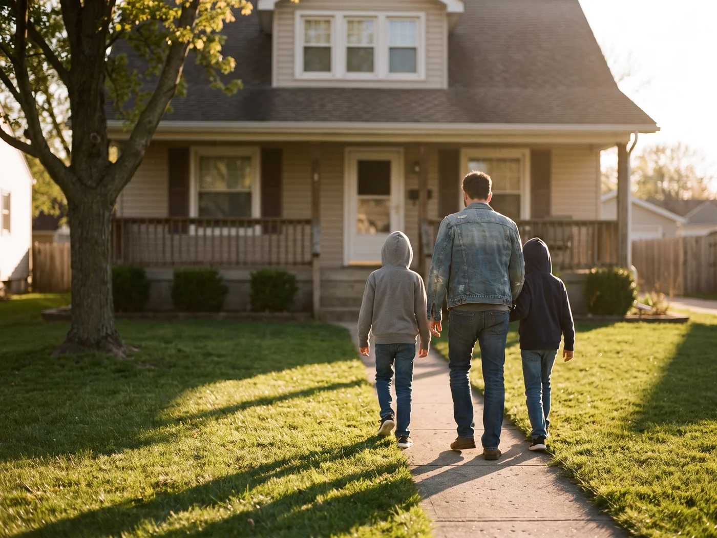 A parent and two children walking up the front path of their home in golden evening light