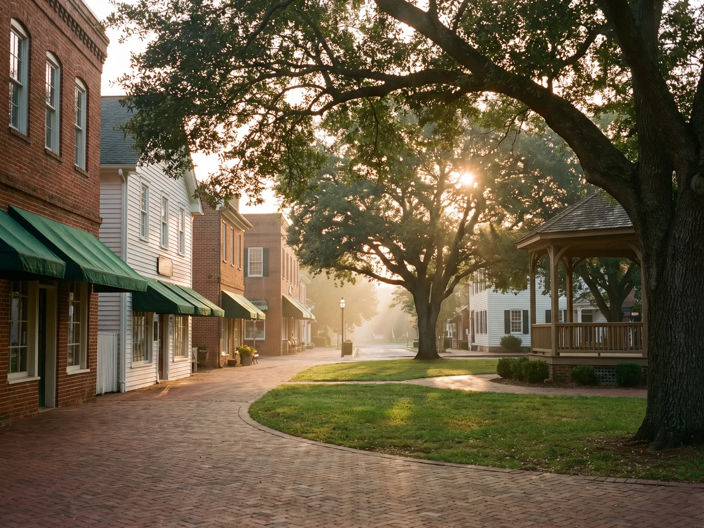 A historic village square and bandstand at golden hour. Inspired Law Group serves Frankfort and the surrounding Will County communities.