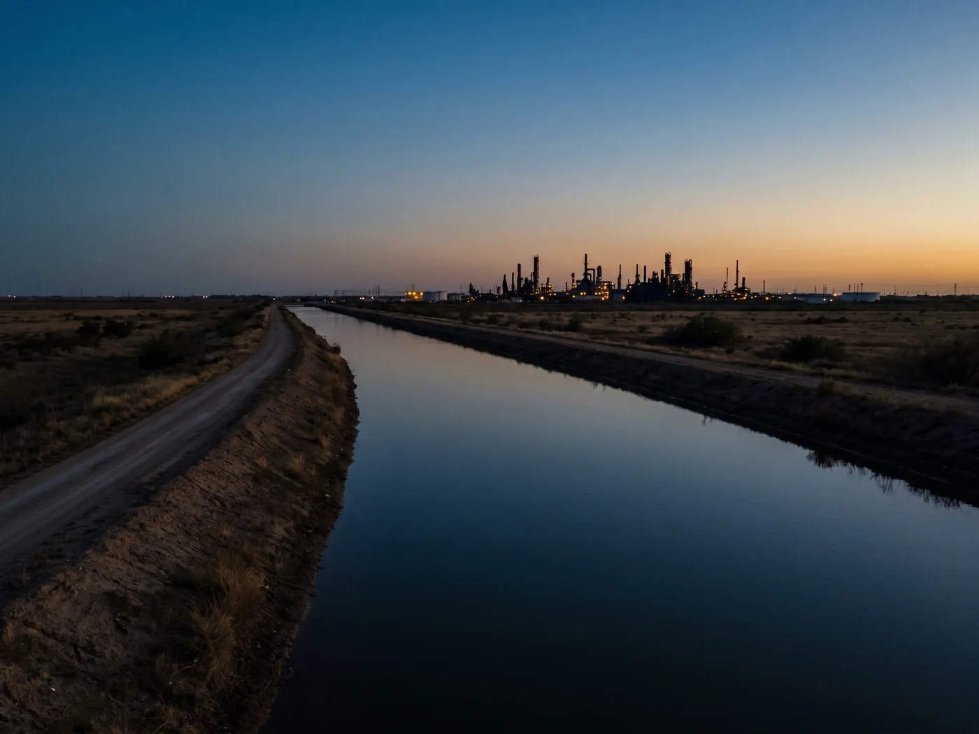 A canal corridor at dusk with industry on the horizon. Inspired Law Group serves Romeoville and the surrounding Will County communities.