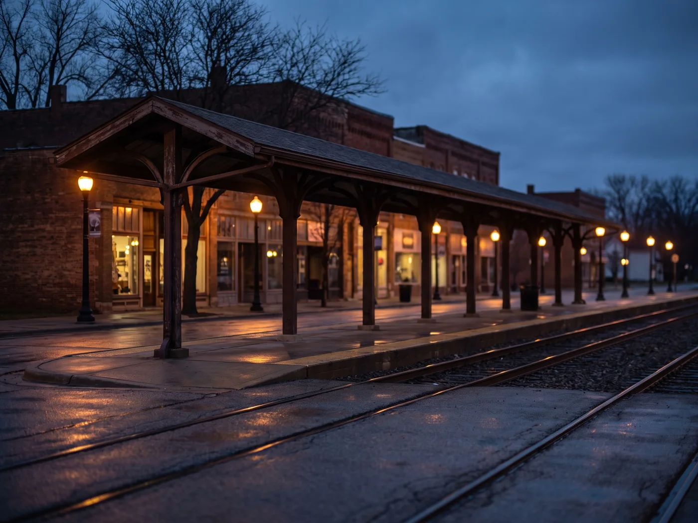 A commuter rail platform beside a brick downtown at dusk. Inspired Law Group serves Tinley Park and the surrounding Will County communities.